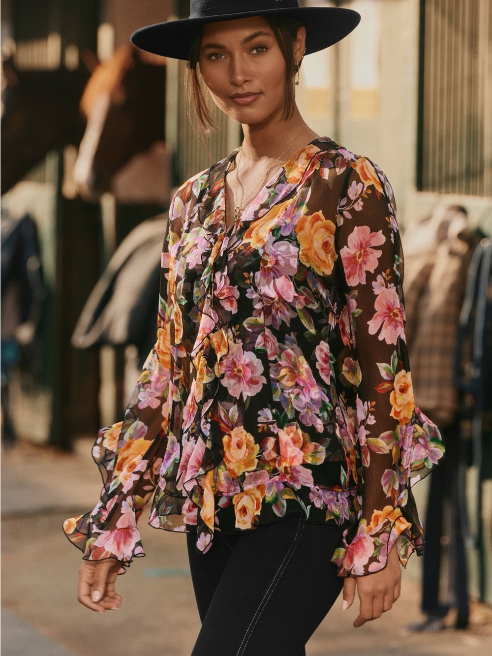 New! JADE x Johnny Was Kylie Black Sheer 100% Silk Floral Ruffle Blouse 🌸 Large